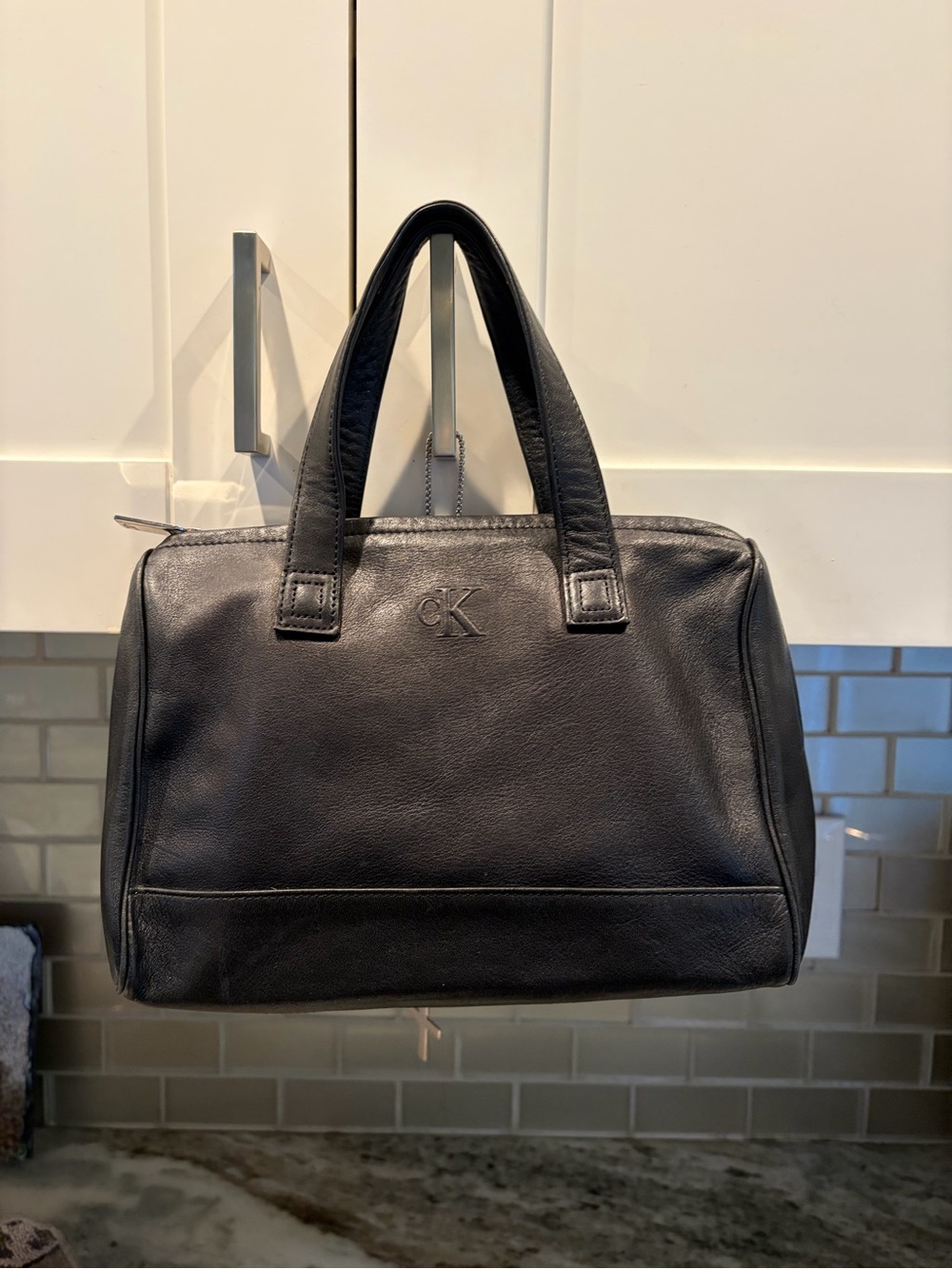 Calvin Klein Black Leather Toiletry Bag with Dual Handles